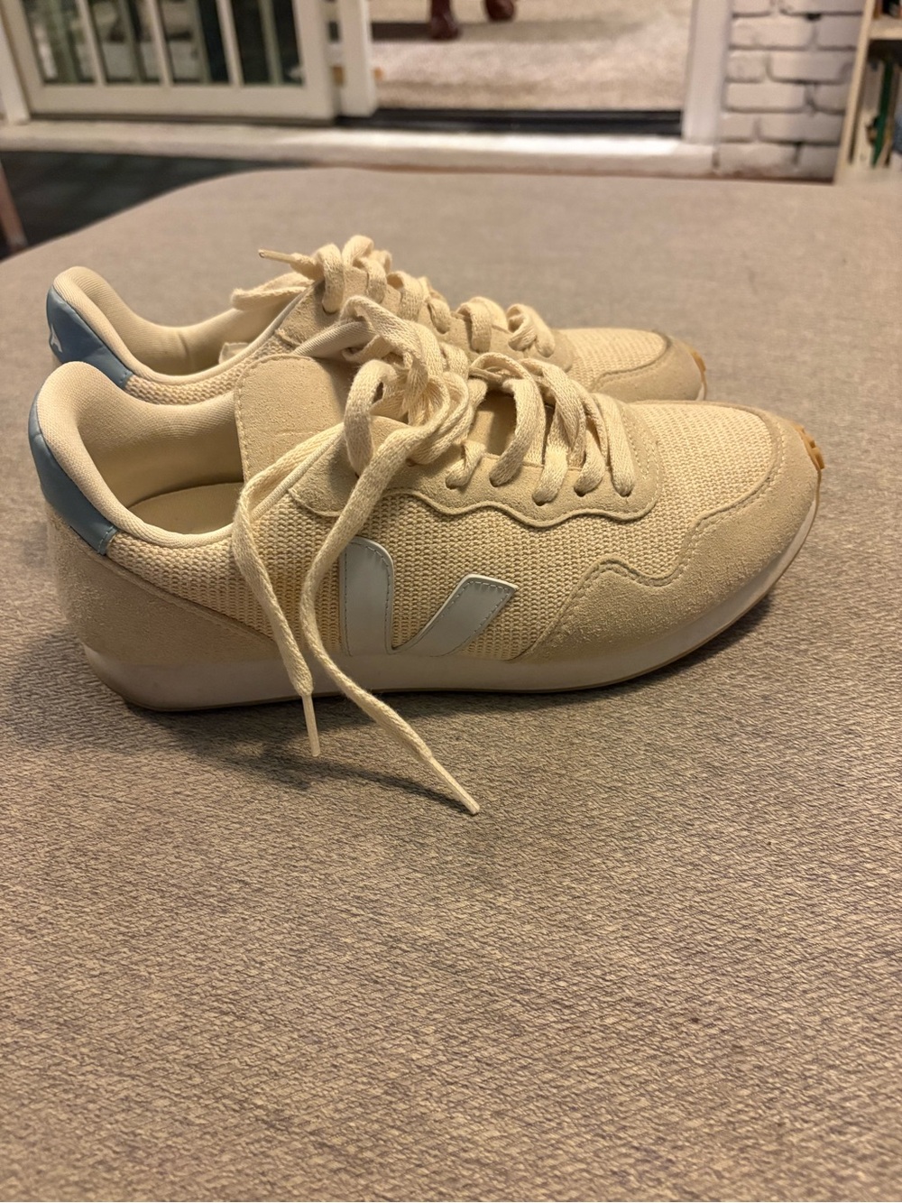 Veja Cream Sneakers with Pale Blue Heel Accents